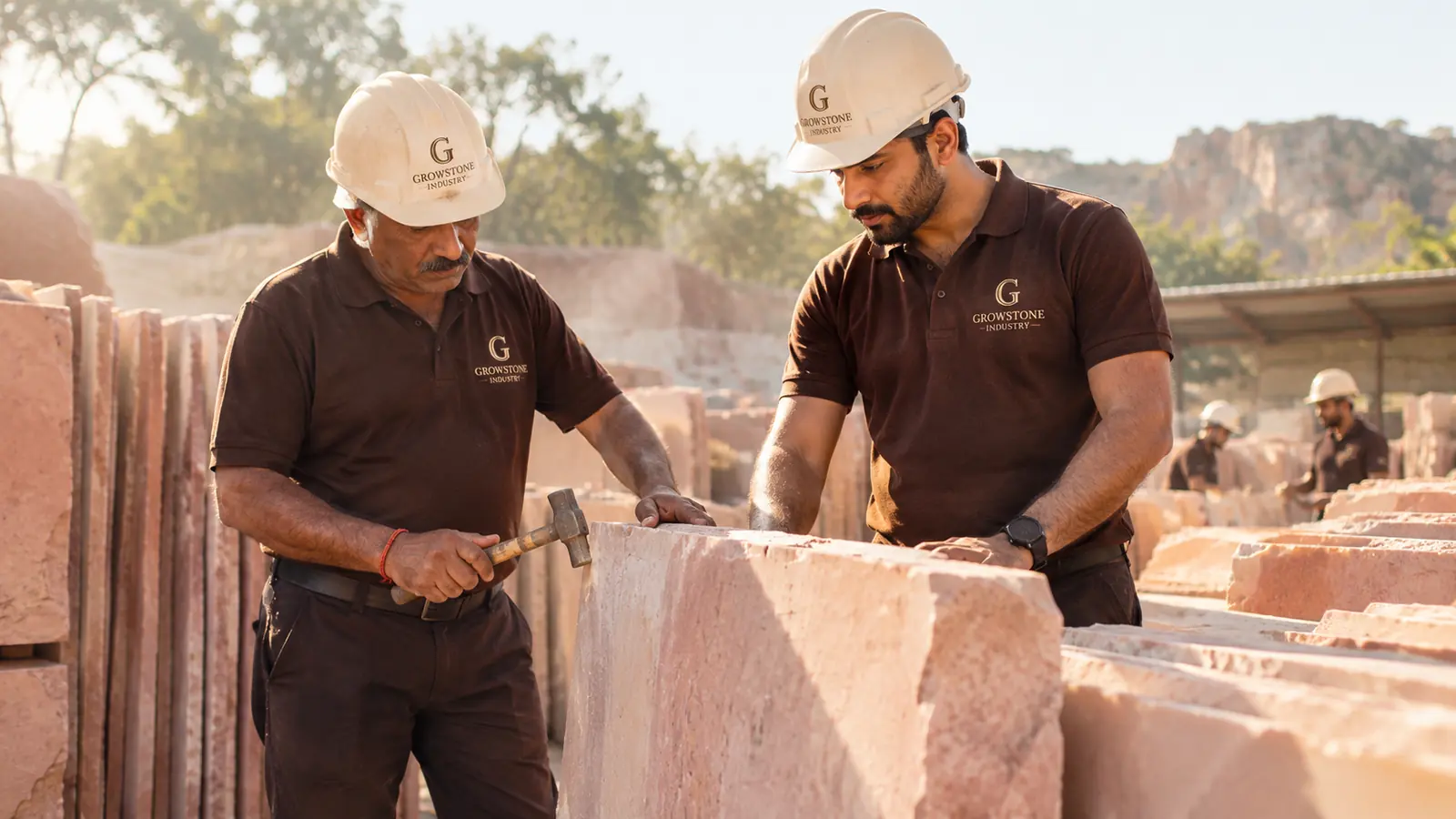 Owner and artisan testing a sandstone slab in the stone yard