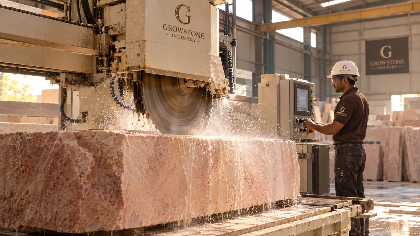 Diamond saw cutting a sandstone block