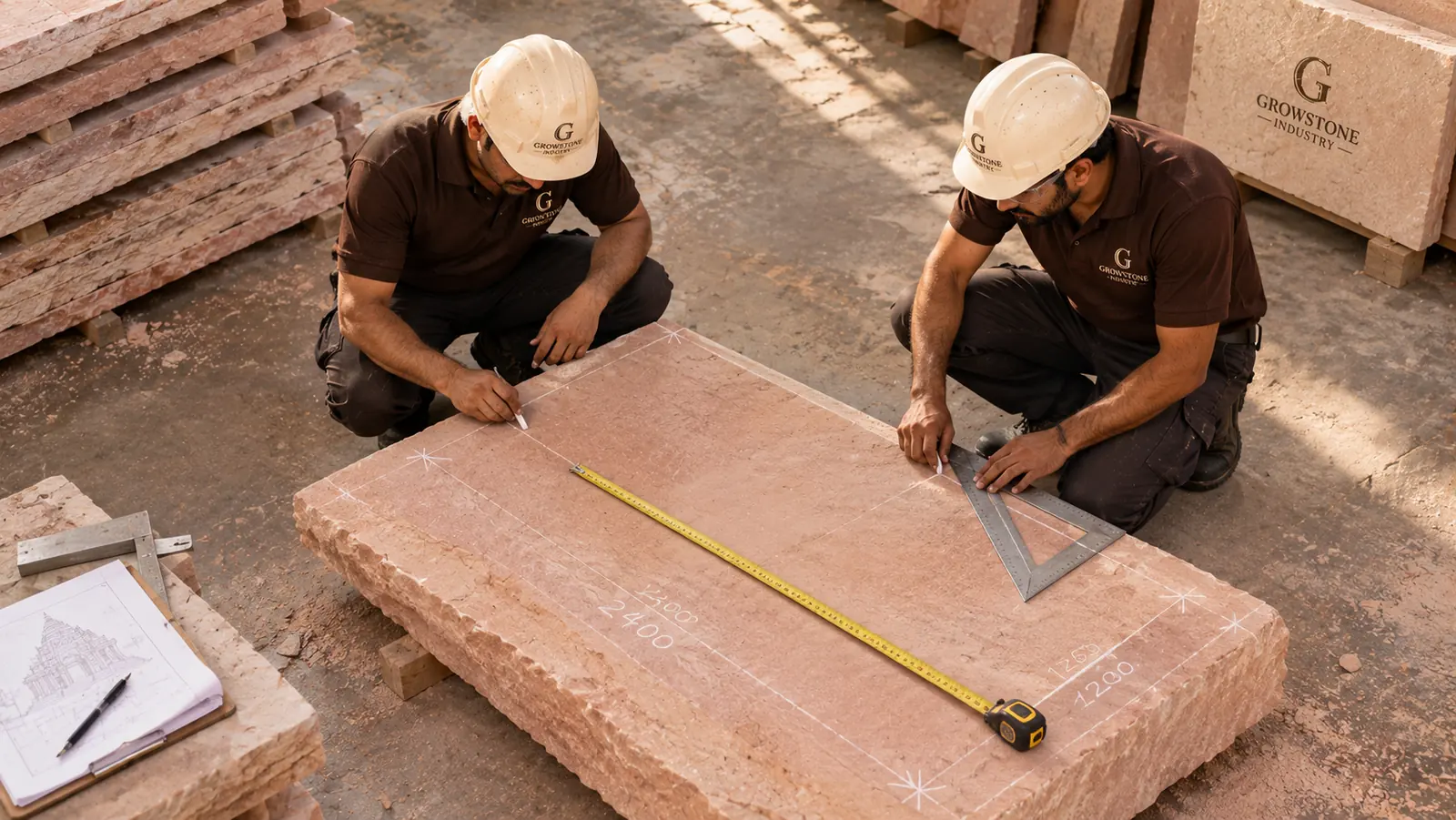 Artisans marking a cut sandstone slab