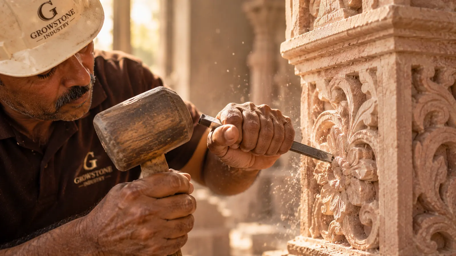 Artisan carving a pillar by hand