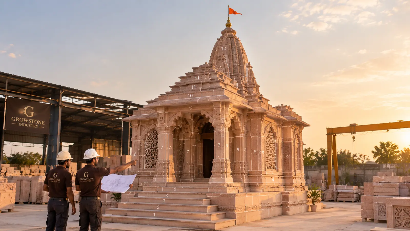 Temple pre-assembled in the workshop yard