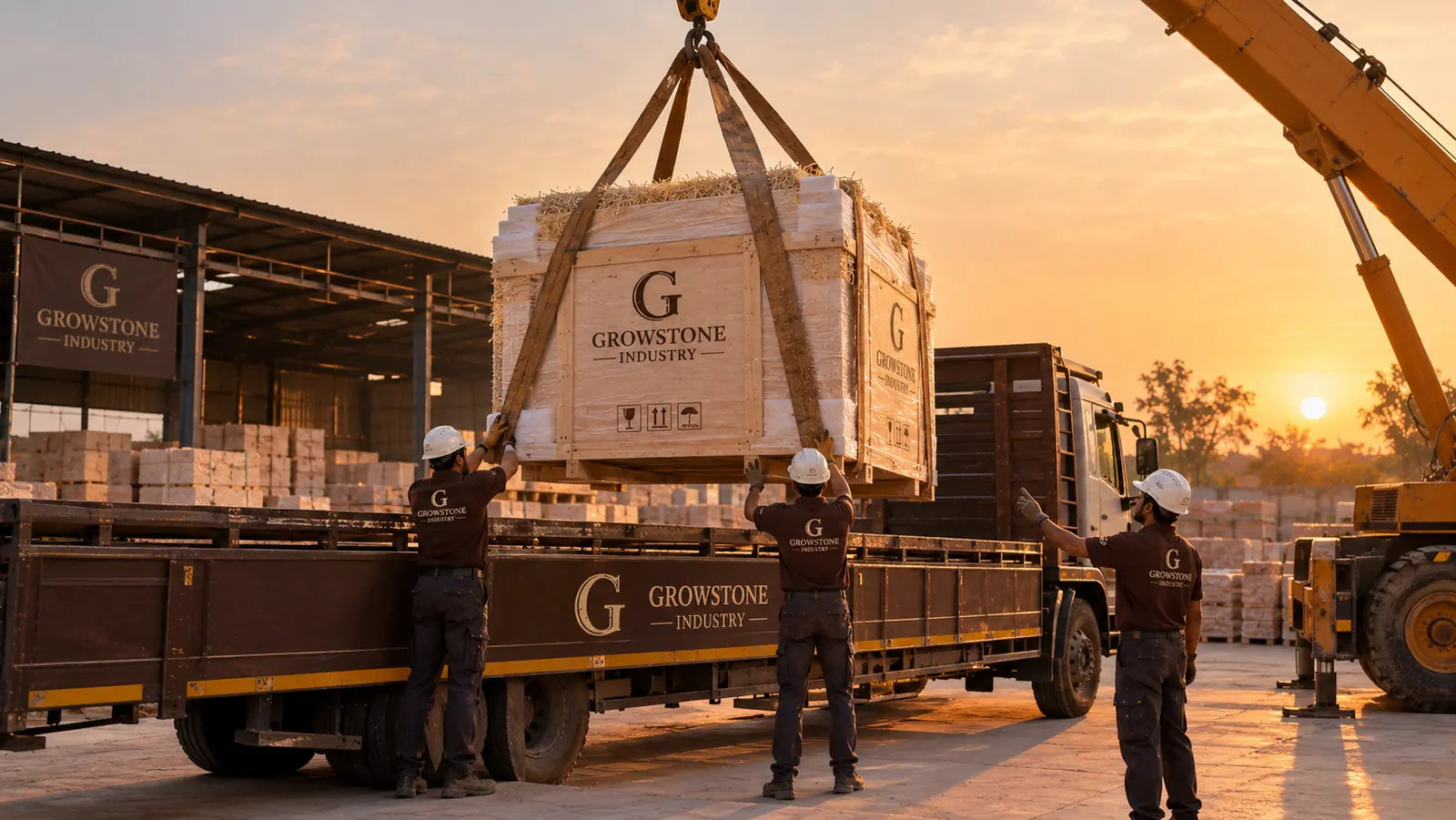Crane loading a crate onto the GrowStone truck