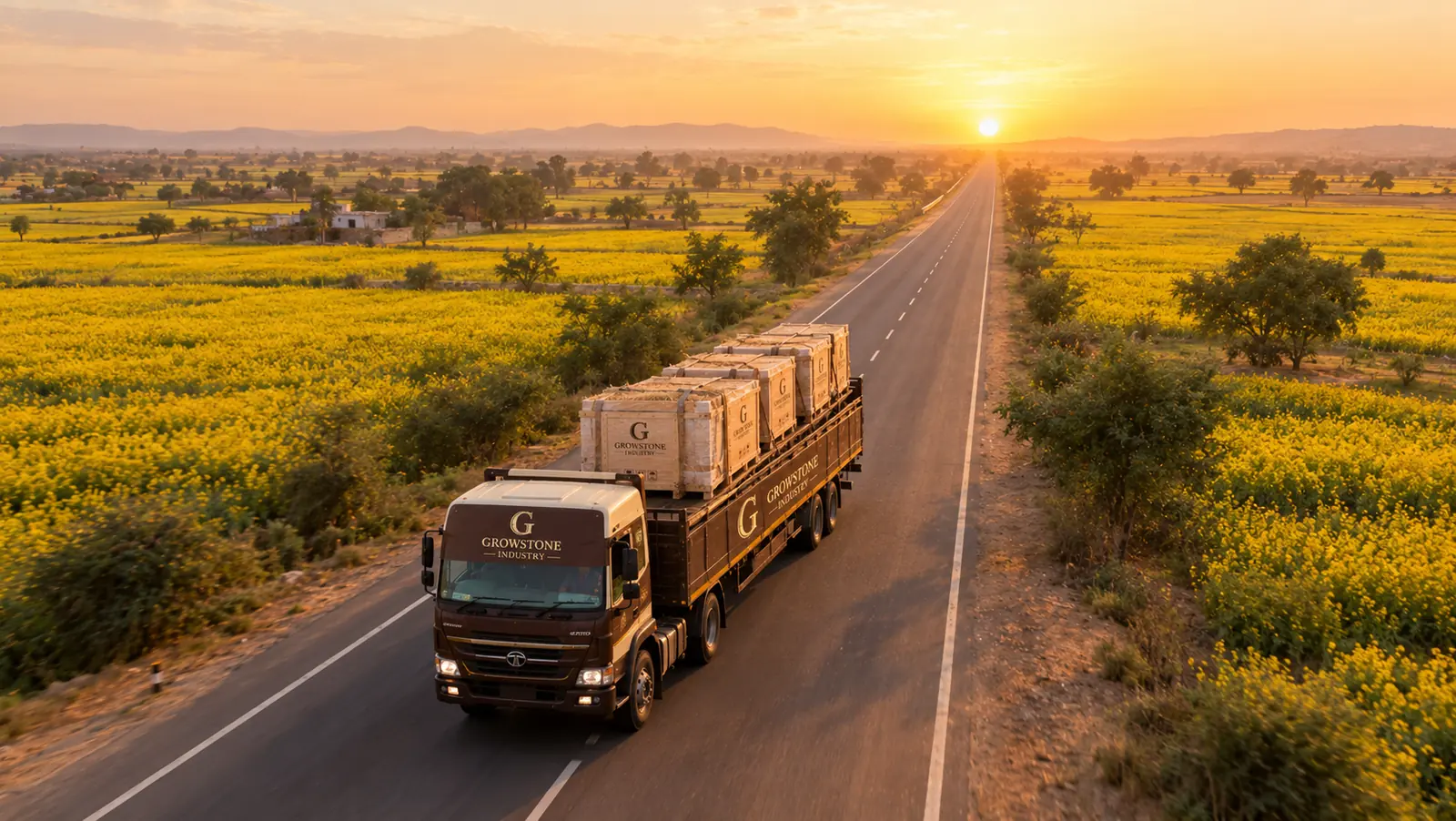 GrowStone truck on a highway at sunrise