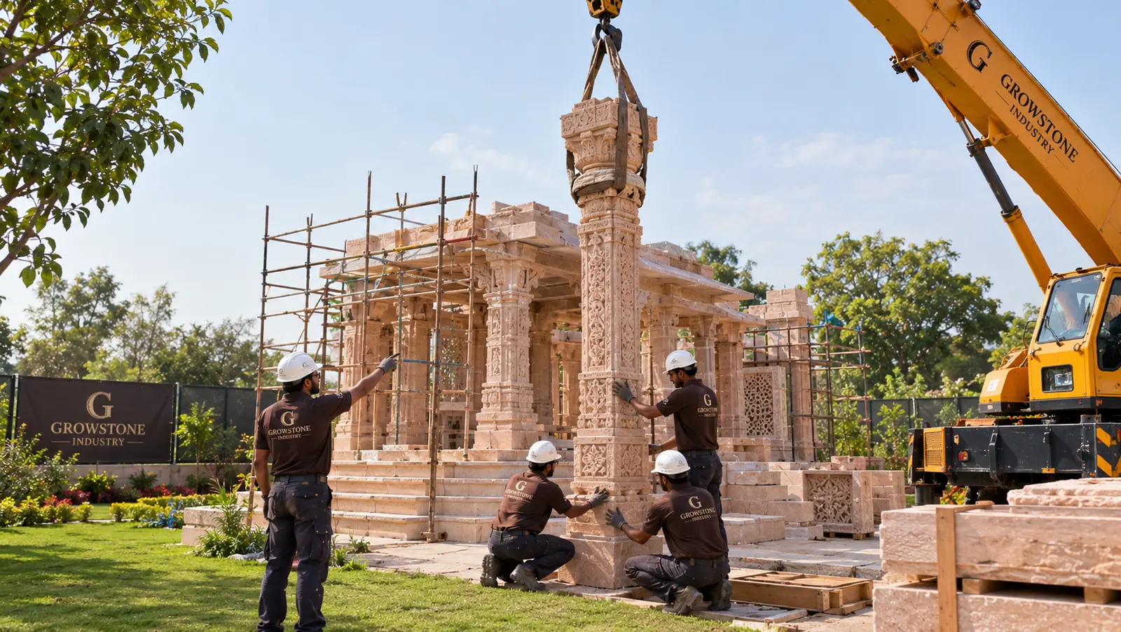 Team installing a carved pillar at the customer site