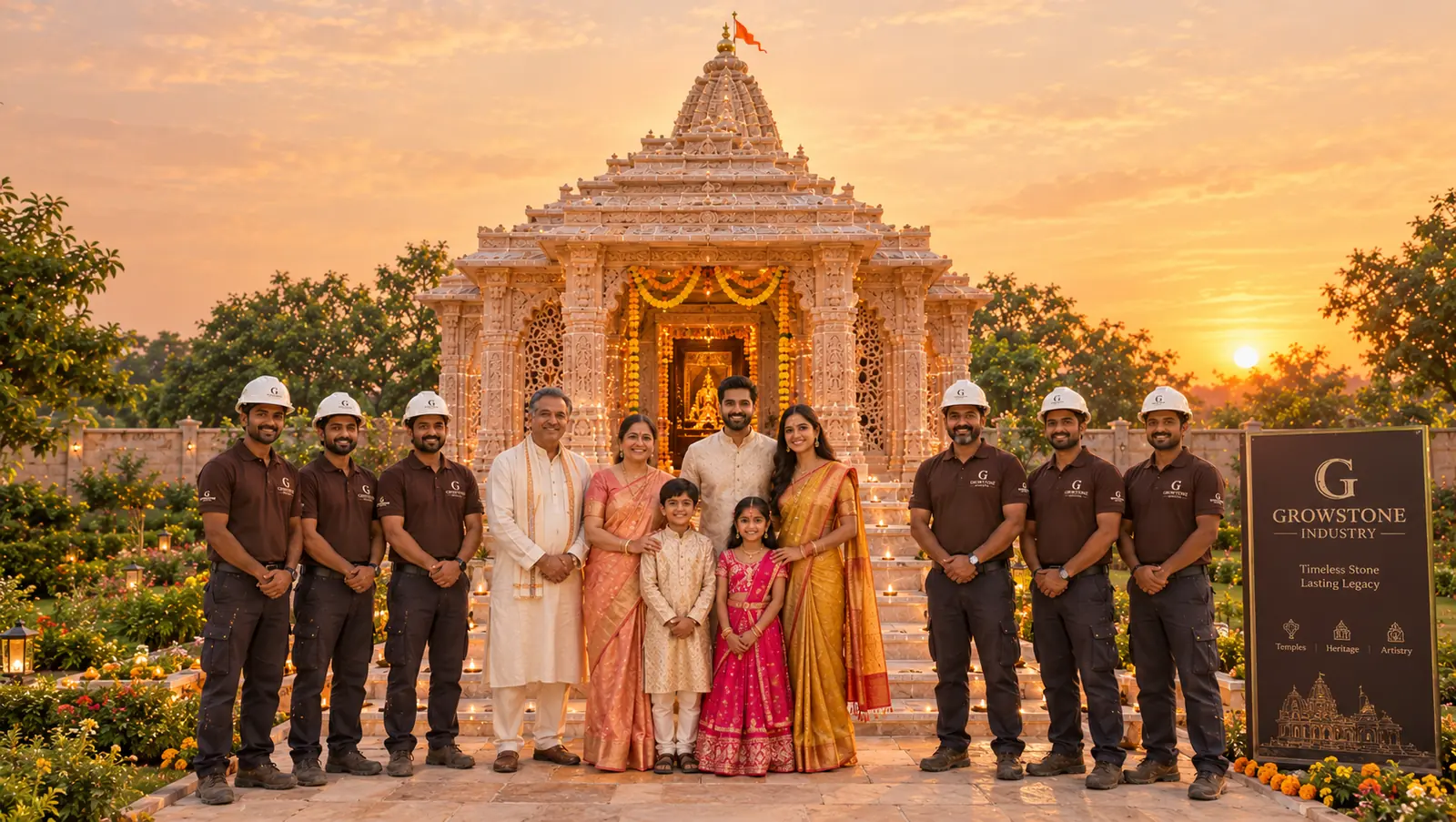 Family and GrowStone team in front of the finished temple