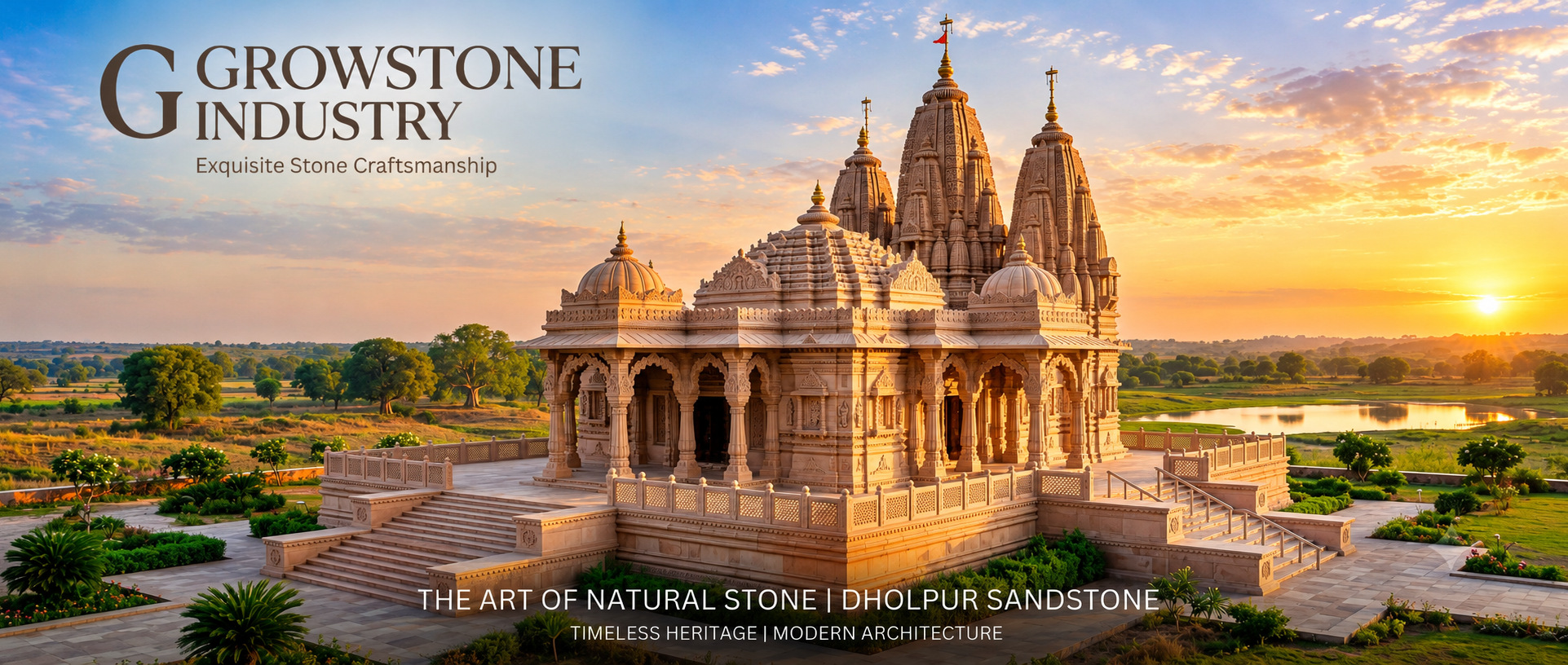 Sandstone temple at golden sunset