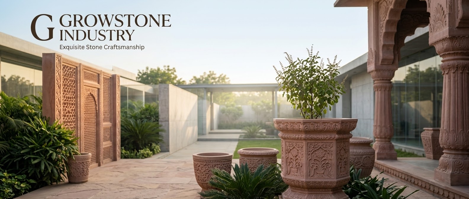 Carved sandstone planters and jali panels
