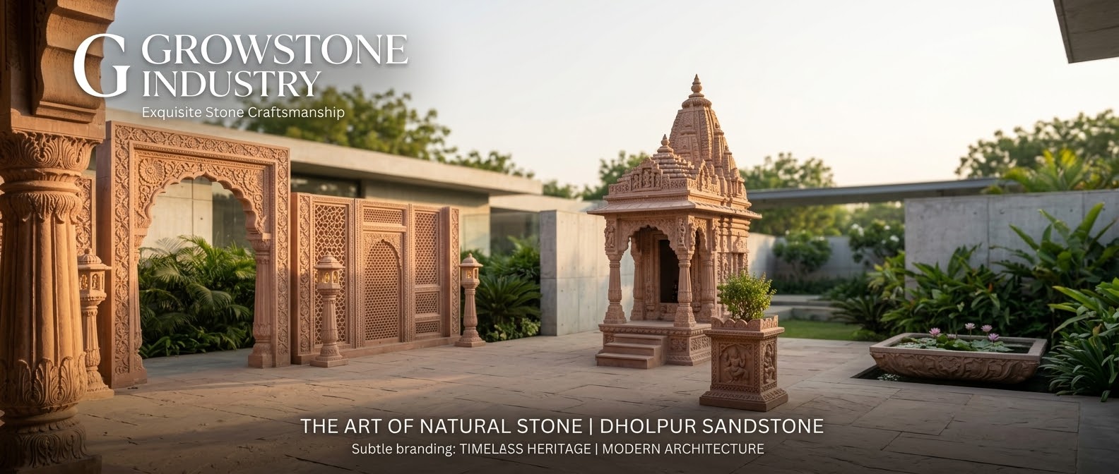 Sandstone jali gate and temple shrine