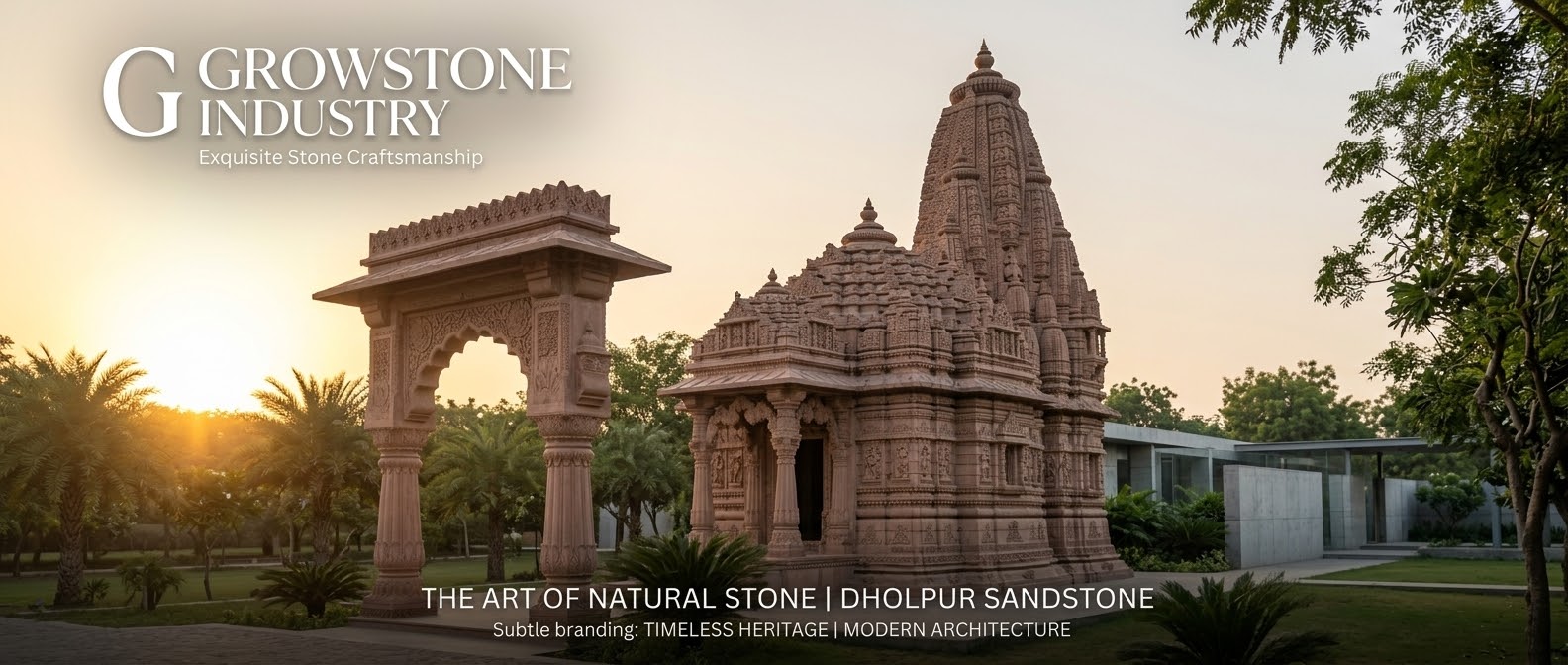 Hand-carved sandstone temple and gateway at sunset