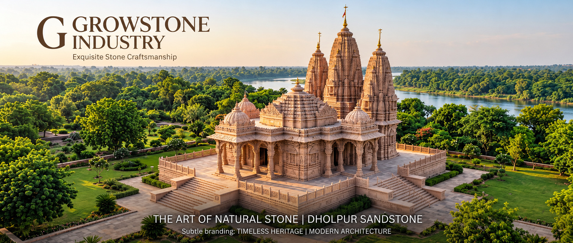 Sandstone temple aerial view in green landscape