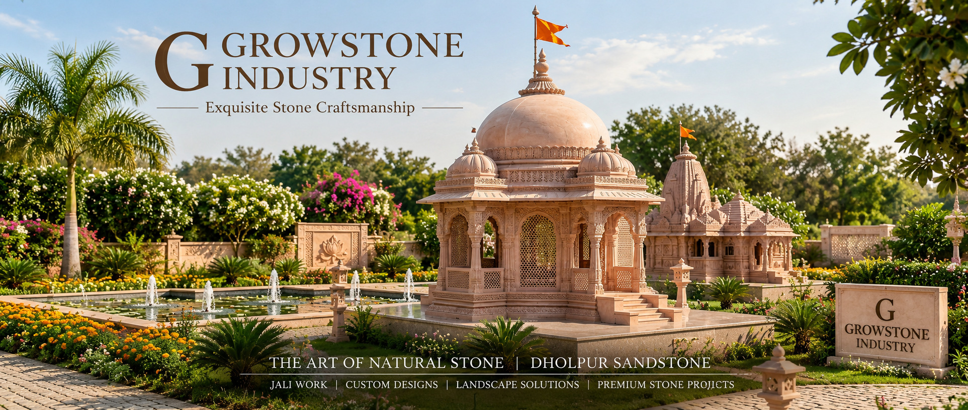 Miniature sandstone chhatri in a flower garden