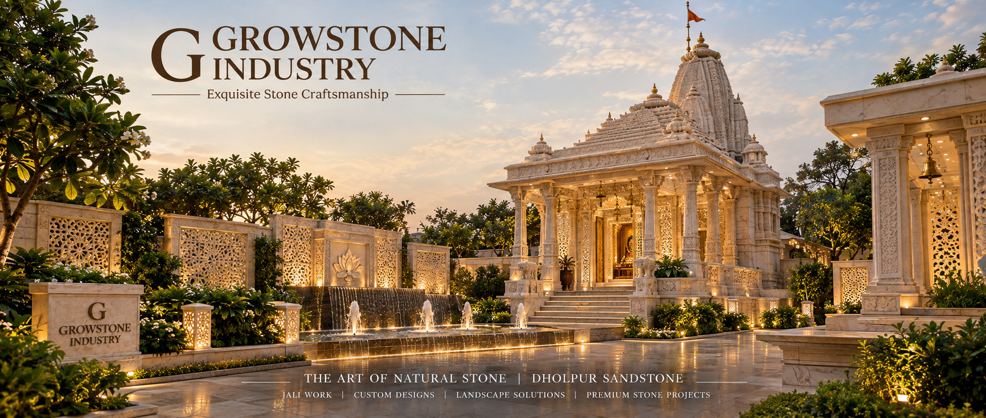 Sandstone temple, fountains and landscape at dusk