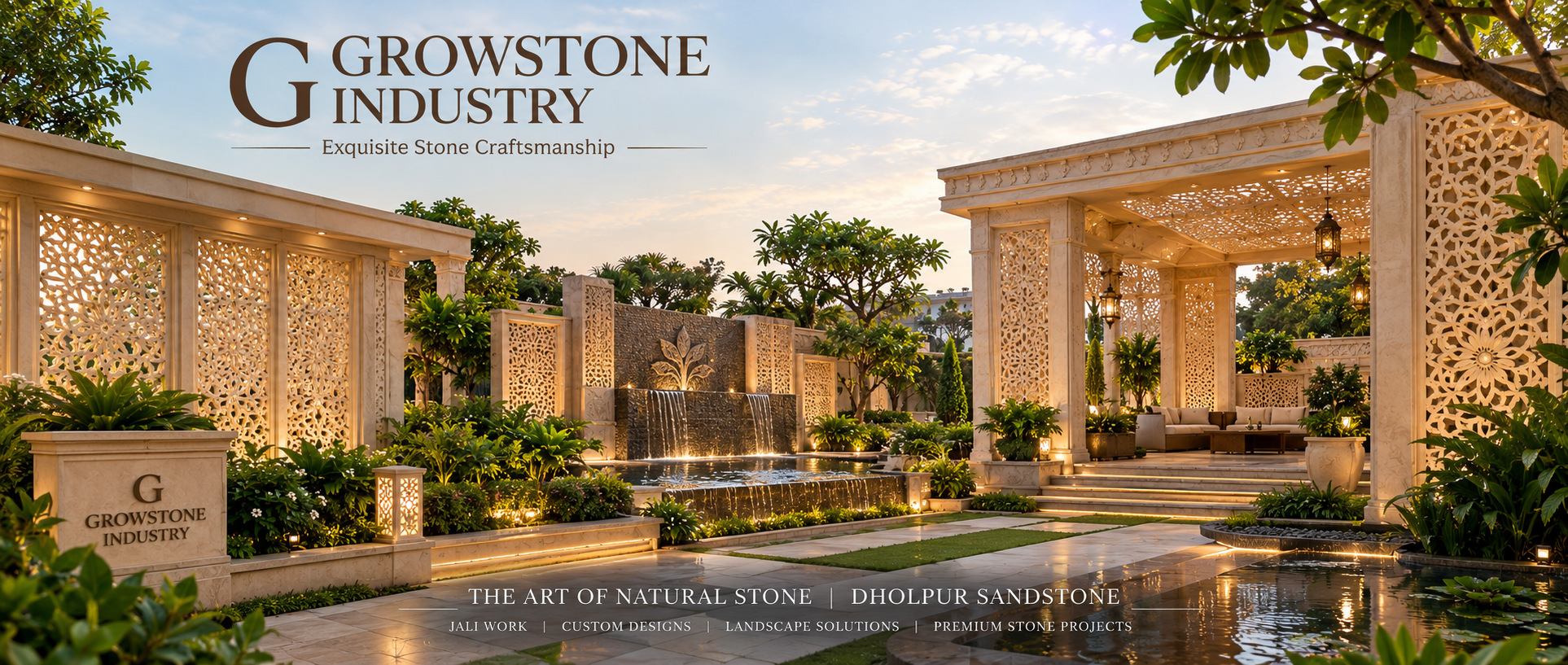 Sandstone jali pavilion and water garden