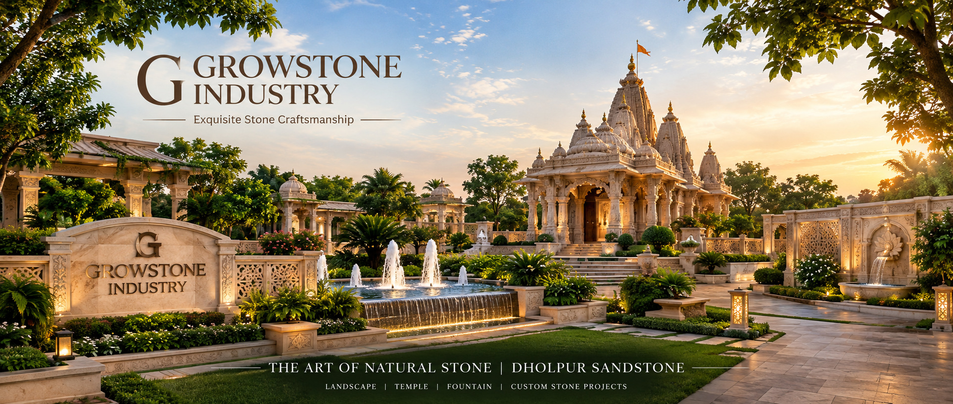 Sandstone temple, fountains and jali walls