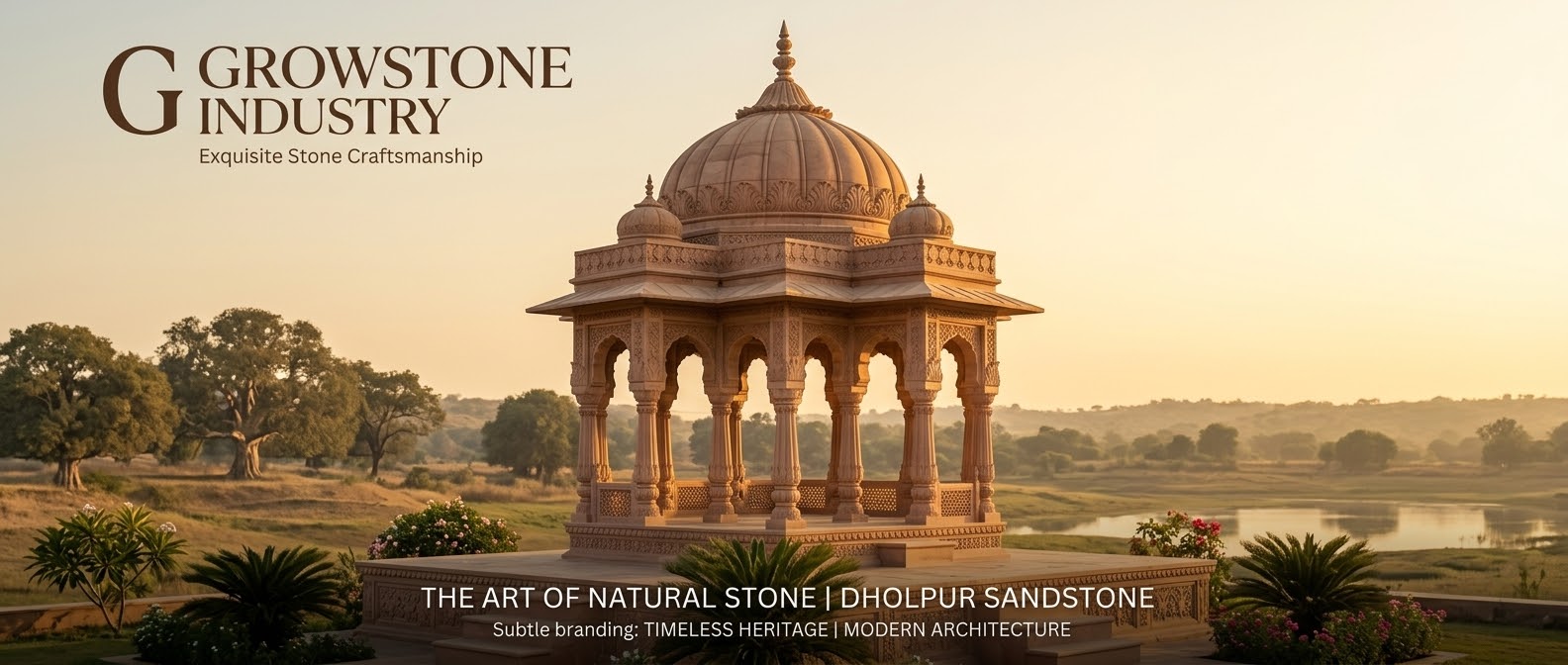Carved sandstone chhatri at sunset