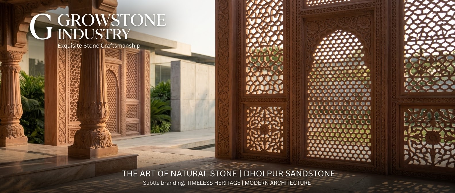 Carved sandstone jali screens with filtered light